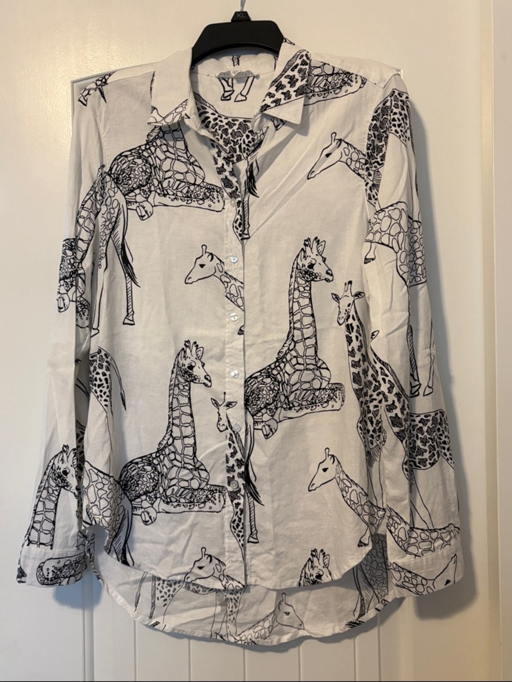 Jane and Delancey White Button-Down Shirt with Black Giraffe Print